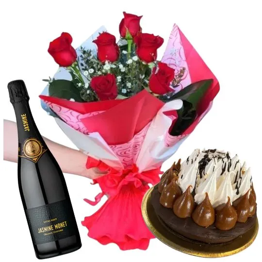 Ramo de 6 rosas importadas con torta y espumante 